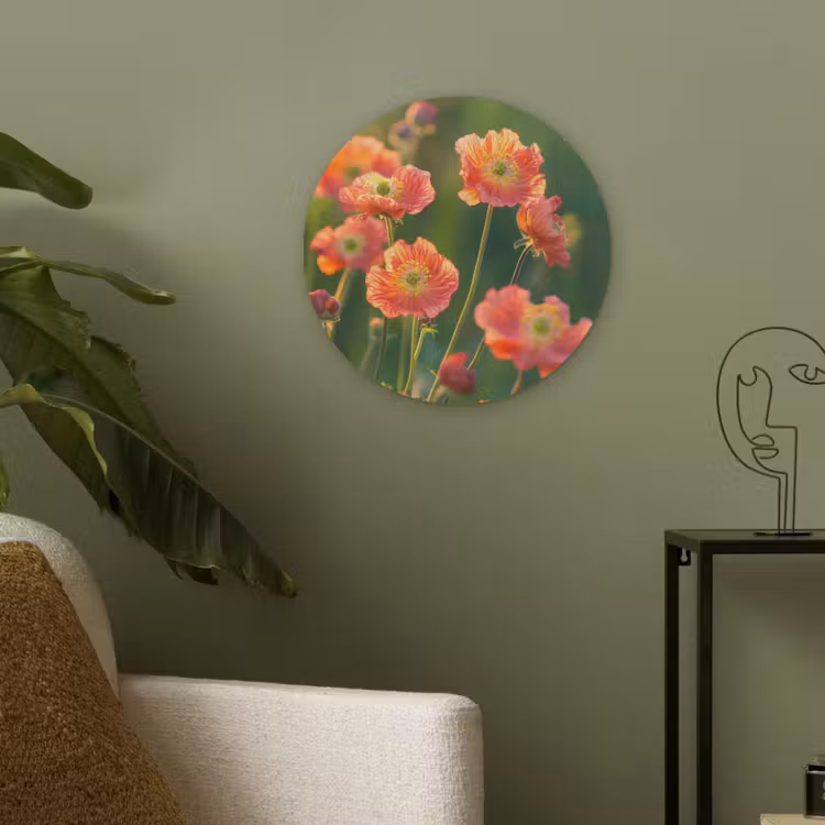 Bloemenveld - Zonnestralen - Oranje Akoestische PET Vilt - Rond klein -sfeer2