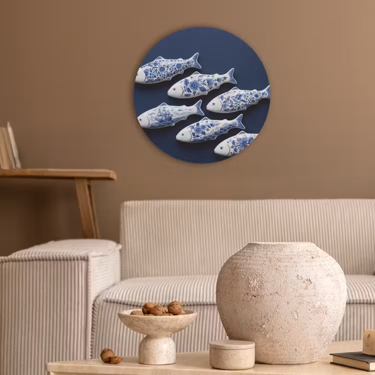 Vissen - Delfts - Blauw - Keramiek Akoestische PET Vilt - Rond klein -sfeer1