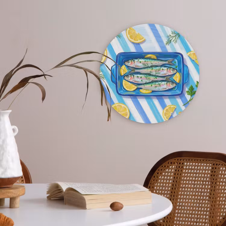 Vis - Citroen - Kruiden - Eten - Blauw Akoestische PET Vilt - Rond klein -sfeer3