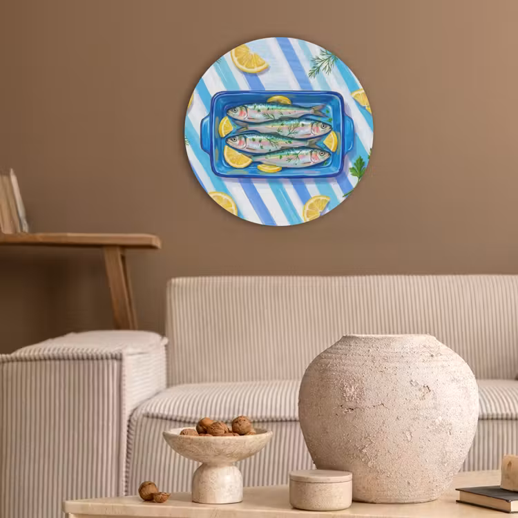 Vis - Citroen - Kruiden - Eten - Blauw Akoestische PET Vilt - Rond klein -sfeer1