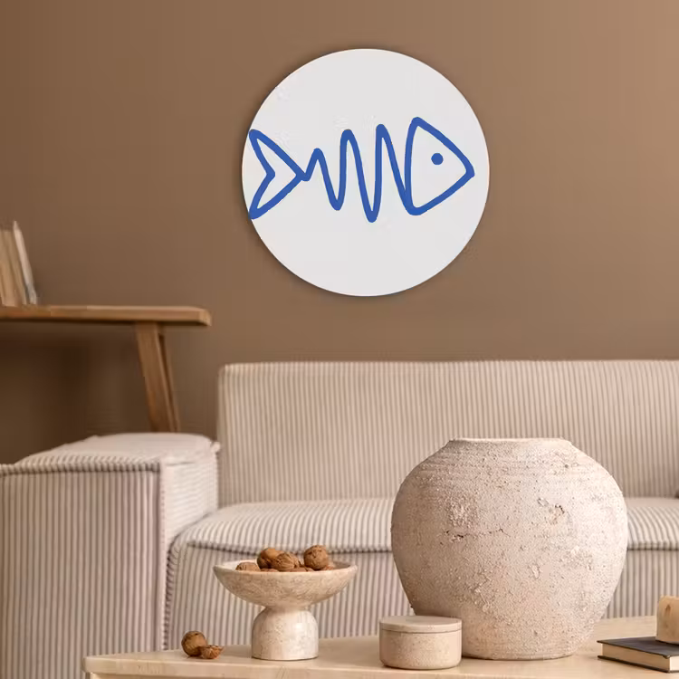 Vis - Minimalistisch - Blauw - Lijn Akoestische PET Vilt - Rond klein -sfeer1