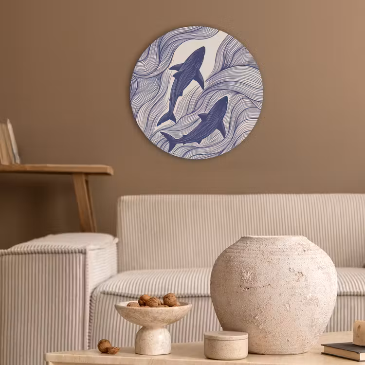 Vis - Oceaan - Lijntekening - Blauw - Dieren Akoestische PET Vilt - Rond klein -sfeer1