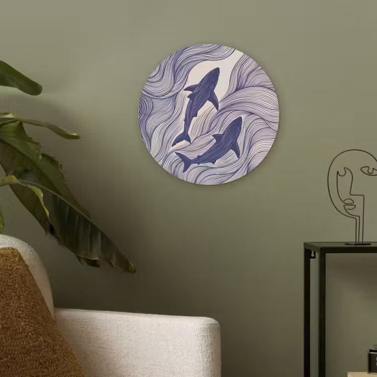 Vis - Oceaan - Lijntekening - Blauw - Dieren Akoestische PET Vilt - Rond klein -sfeer2