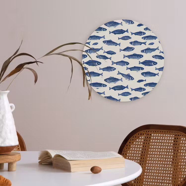 Vissen - Patroon - Blauw - Wit Akoestische PET Vilt - Rond klein 838 -sfeer3