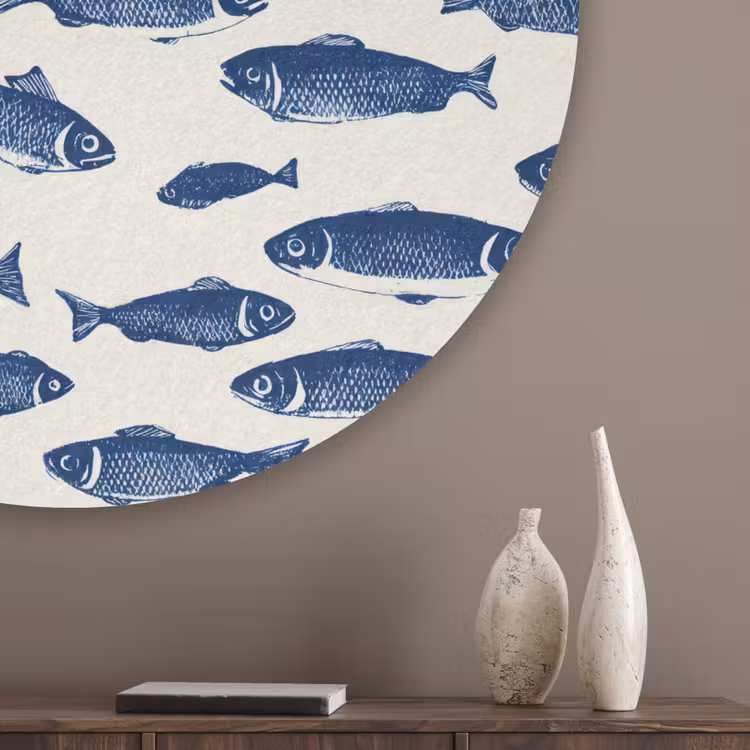 Vissen - Patroon - Blauw - Wit Akoestische PET Vilt - Rond klein 838 -sfeer5_closeup