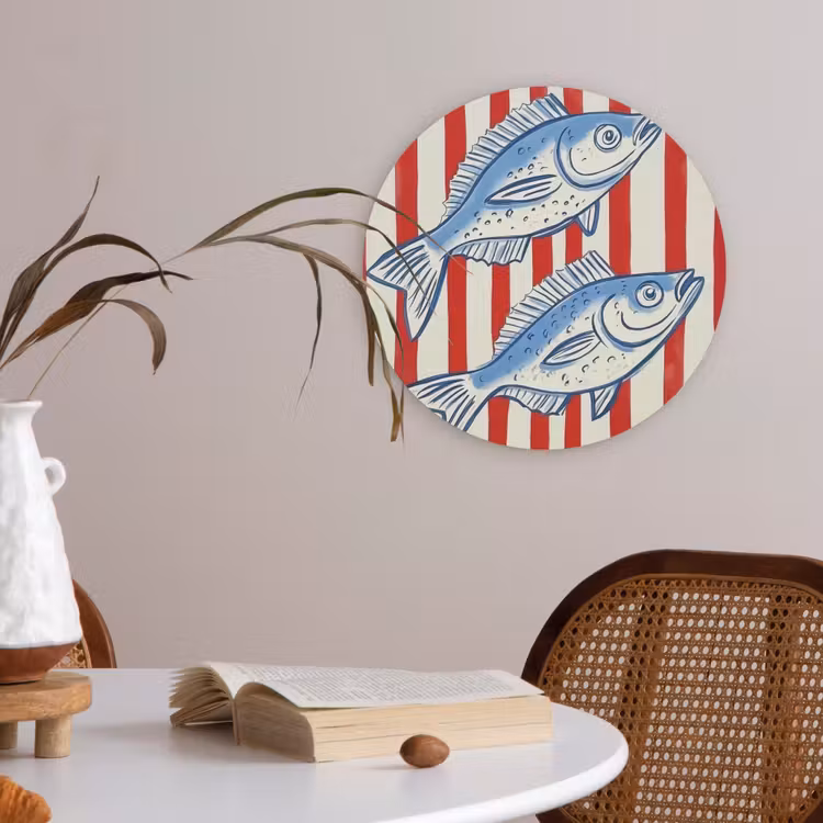 Vissen - Verticale strepen - Blauw - Rood Akoestische PET Vilt - Rond klein -sfeer3