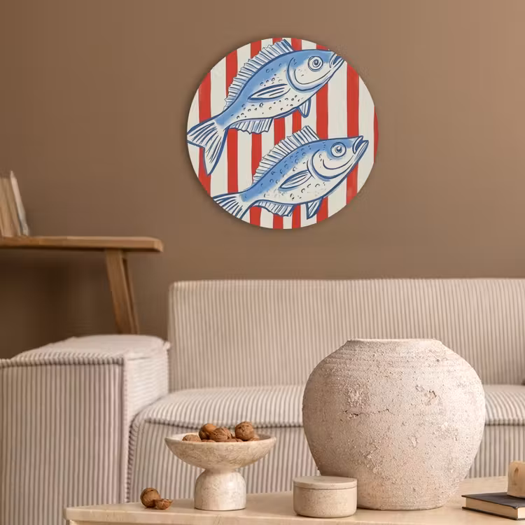 Vissen - Verticale strepen - Blauw - Rood Akoestische PET Vilt - Rond klein -sfeer1