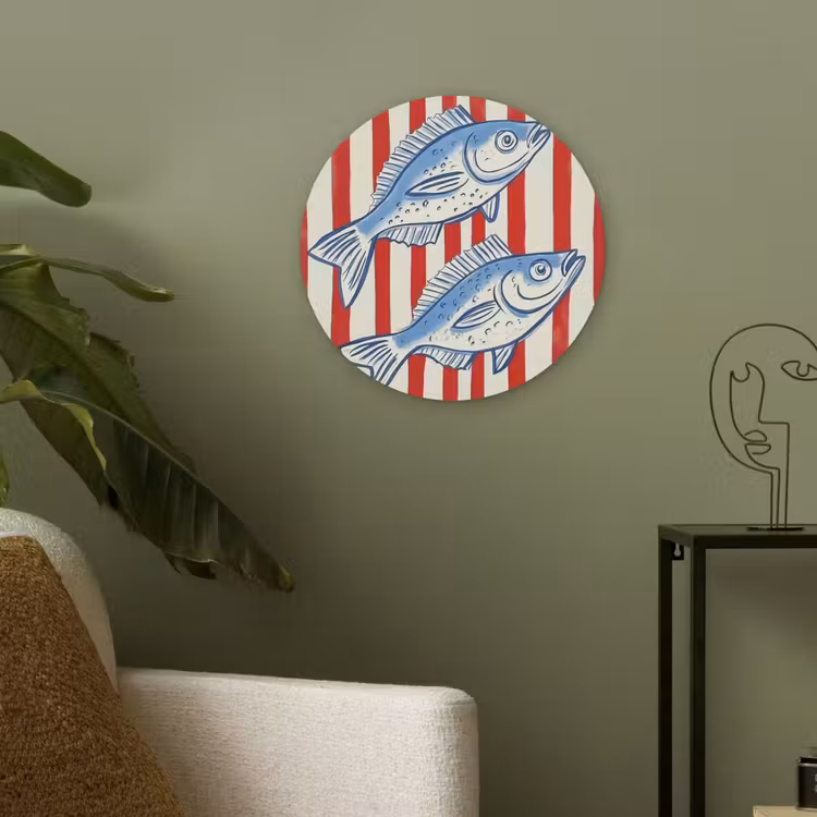 Vissen - Verticale strepen - Blauw - Rood Akoestische PET Vilt - Rond klein -sfeer2