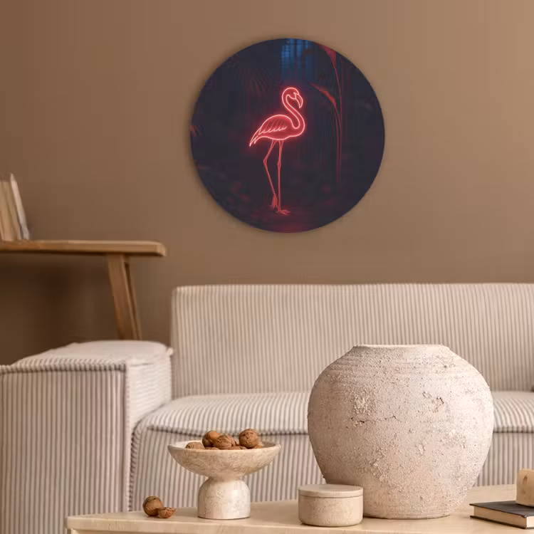 Flamingo - Roze - Neon - Licht Akoestische PET Vilt - Rond klein -sfeer1