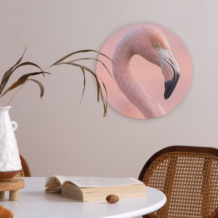 Flamingo - Portret - Roze Akoestische PET Vilt - Rond klein -sfeer3