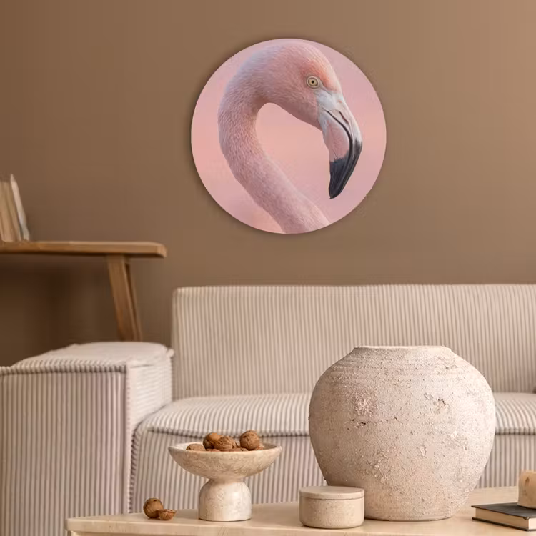 Flamingo - Portret - Roze Akoestische PET Vilt - Rond klein -sfeer1