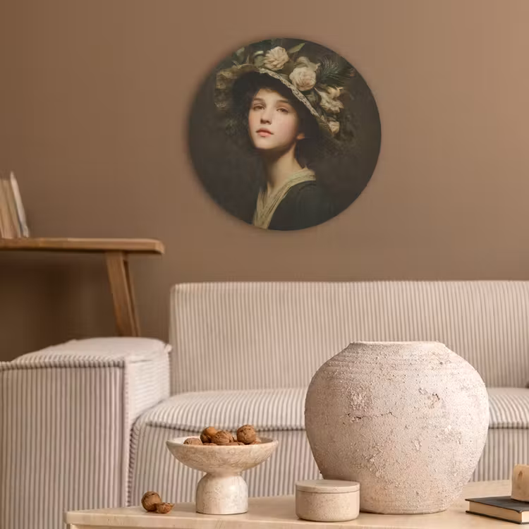Bloemenhoed - Portret - Vrouw Akoestische PET Vilt - Rond klein -sfeer1