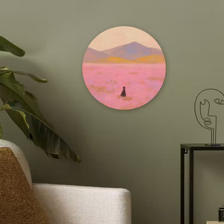 Bloemenweide - Heuvels - Silhouet - Roze Akoestische PET Vilt - Rond klein -sfeer2