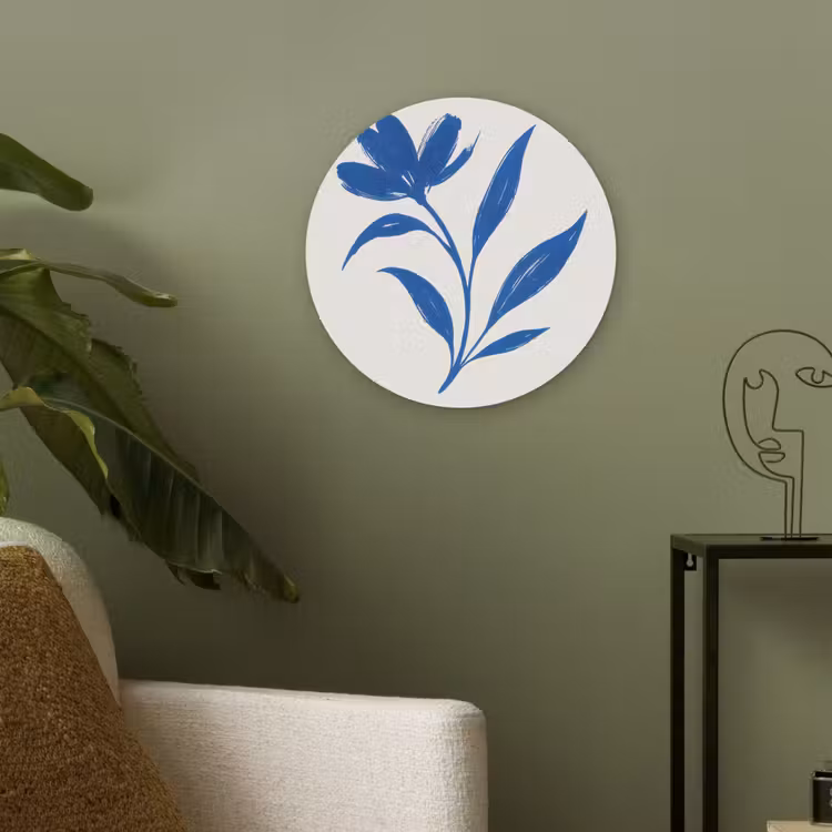 Bloem - Blaadjes - Minimalistisch - Blauw Akoestische PET Vilt - Rond klein -sfeer2