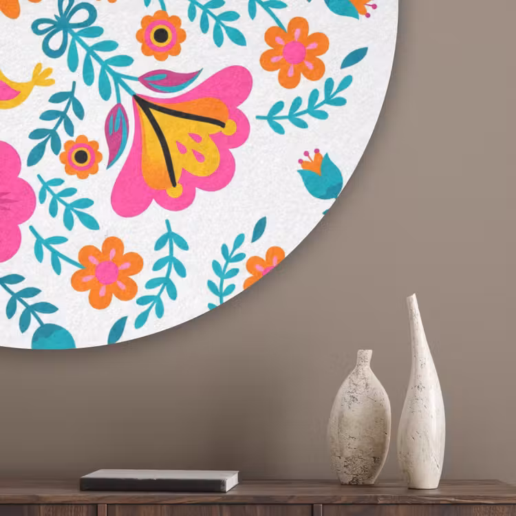 Bloemen - Vogel - Patroon - Kleurrijk - Modern Akoestische PET Vilt - Rond klein -sfeer5_closeup