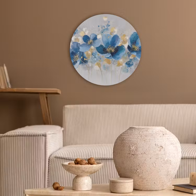 Bloemen - Blauw - Abstract Akoestische PET Vilt - Rond klein -sfeer1