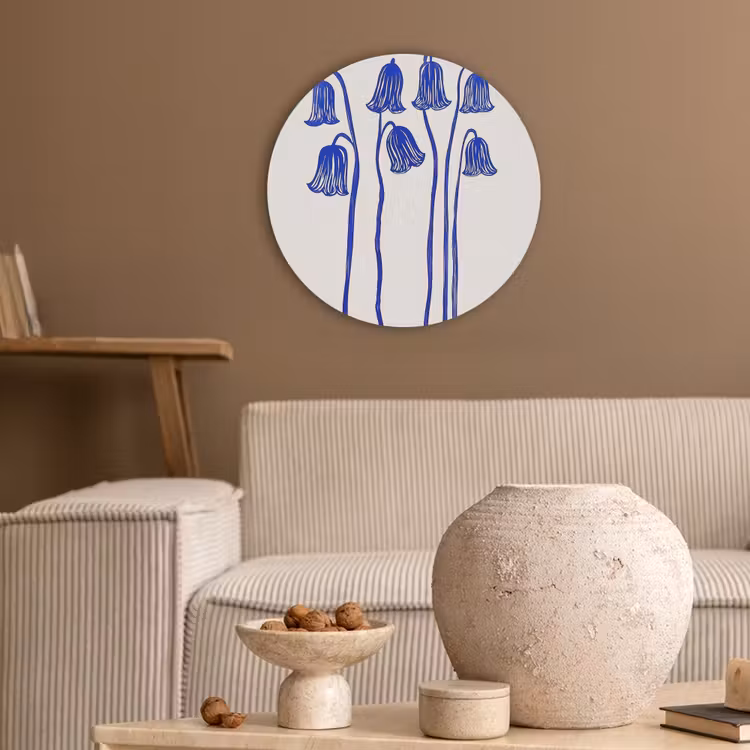 Bloemen - Blauw - Lijnen - Bloemblaadjes Akoestische PET Vilt - Rond klein -sfeer1