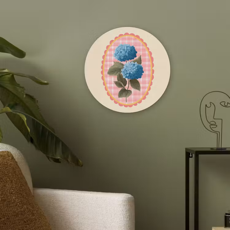 Bloemen - Blauw - Lijst - Bladeren Akoestische PET Vilt - Rond klein -sfeer2