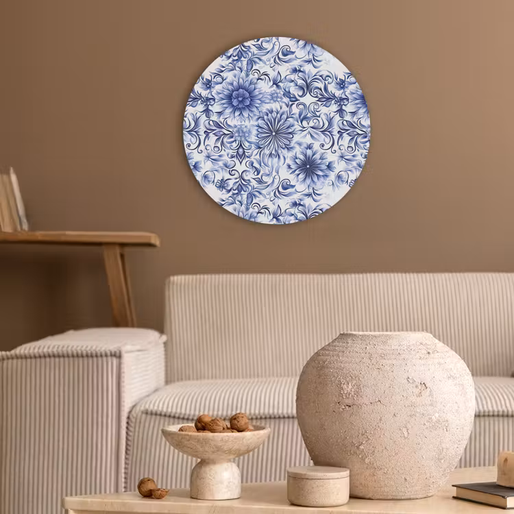 Bloemen - Blauw - Patroon - Wit Akoestische PET Vilt - Rond klein 838 -sfeer1