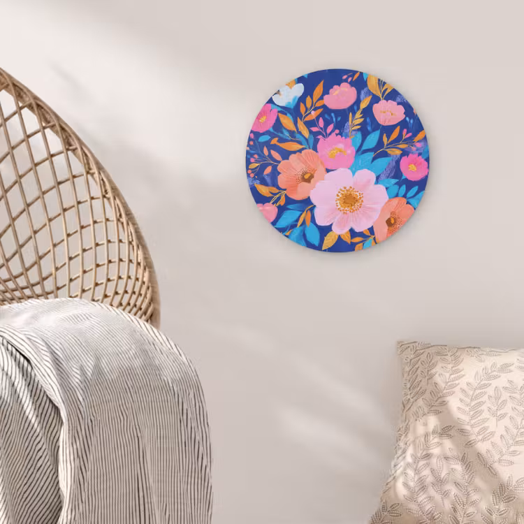 Bloemen - Blauw - Roze Akoestische PET Vilt - Rond klein -sfeer4