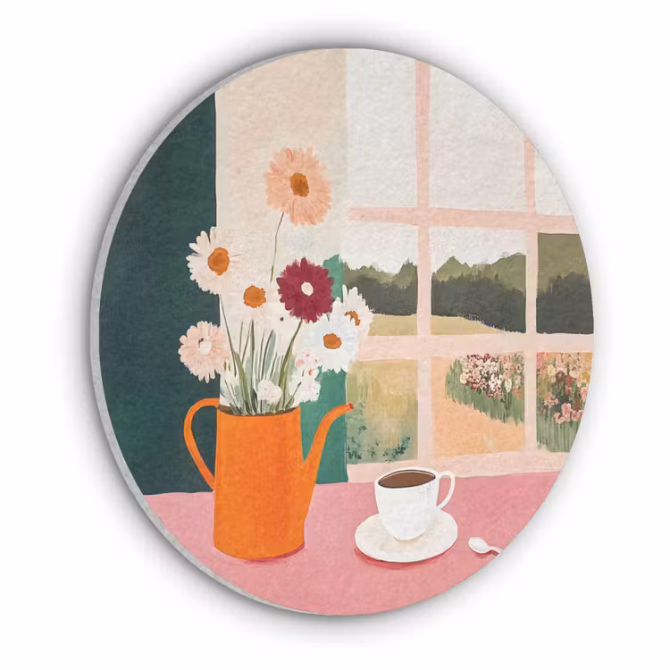 Bloemen - Koffie - Raam Akoestische PET Vilt - Rond klein -3d