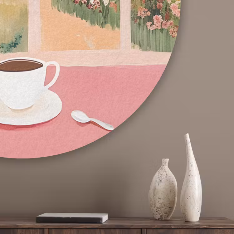Bloemen - Koffie - Raam Akoestische PET Vilt - Rond klein -sfeer5_closeup