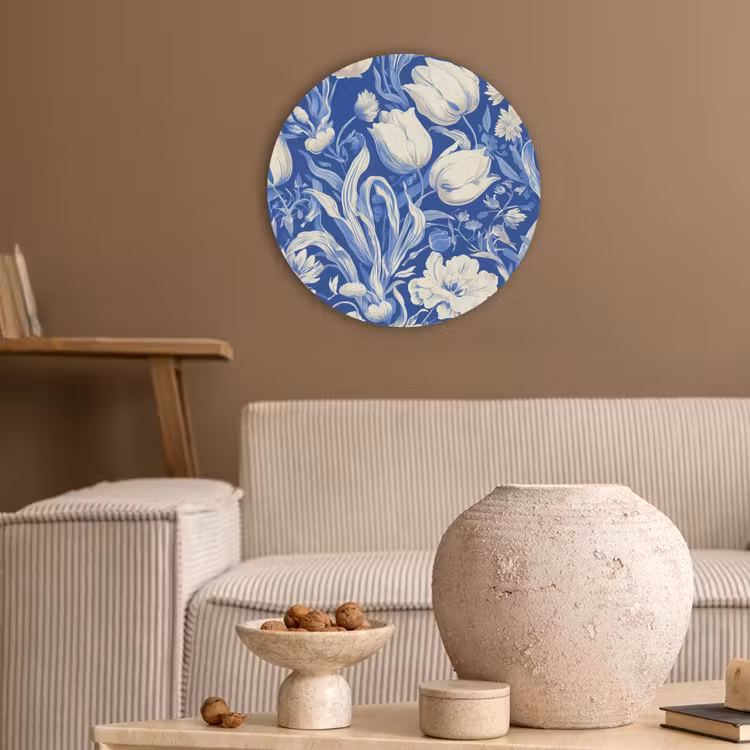Bloemen - Delfts Blauw - Patroon - Tulp Akoestische PET Vilt - Rond klein -sfeer1