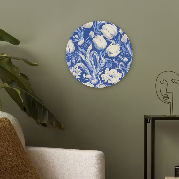 Bloemen - Delfts Blauw - Patroon - Tulp Akoestische PET Vilt - Rond klein -sfeer2