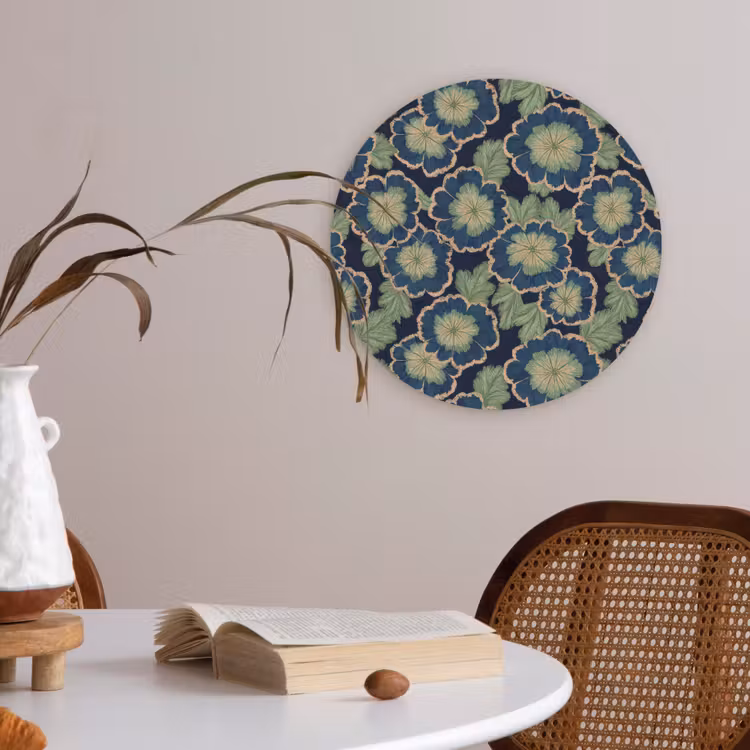 Bloemen - Borduurwerk - Patroon - Blauw - Groen Akoestische PET Vilt - Rond klein 838 -sfeer3