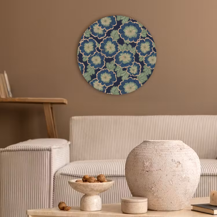 Bloemen - Borduurwerk - Patroon - Blauw - Groen Akoestische PET Vilt - Rond klein 838 -sfeer1