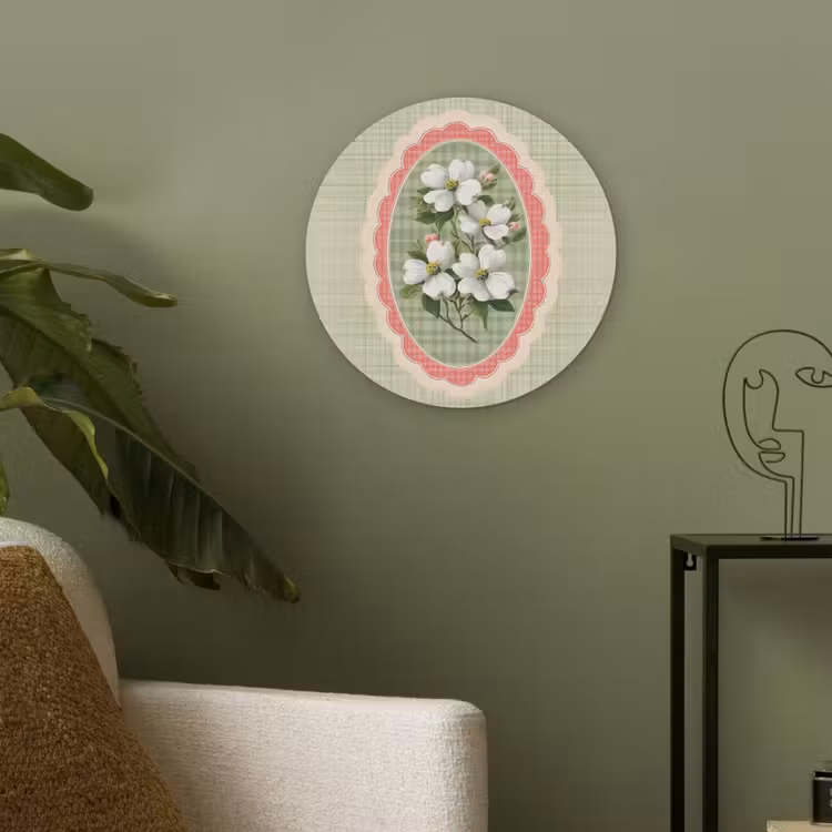 Bloemen - Illustratie - Geruit - Groen Akoestische PET Vilt - Rond klein -sfeer2