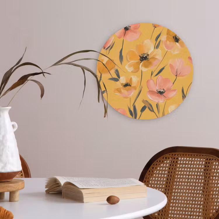 Bloemen - Geschilderd - Geel Akoestische PET Vilt - Rond klein -sfeer3