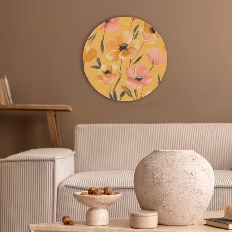 Bloemen - Geschilderd - Geel Akoestische PET Vilt - Rond klein -sfeer1