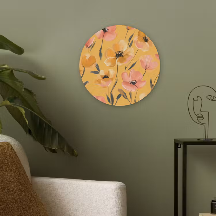 Bloemen - Geschilderd - Geel Akoestische PET Vilt - Rond klein -sfeer2