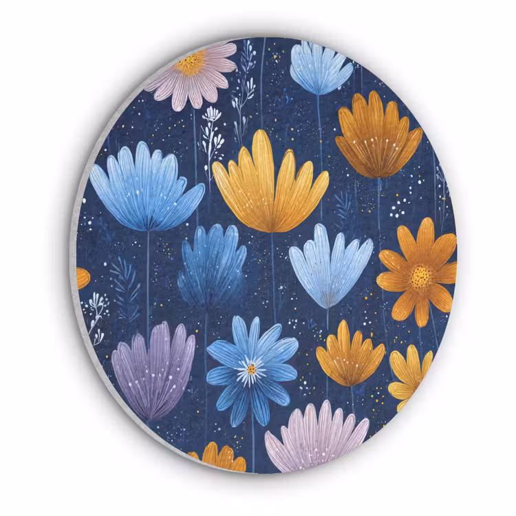 Bloemen - Patroon - Blauw - Contrast Akoestische PET Vilt - Rond klein -3d