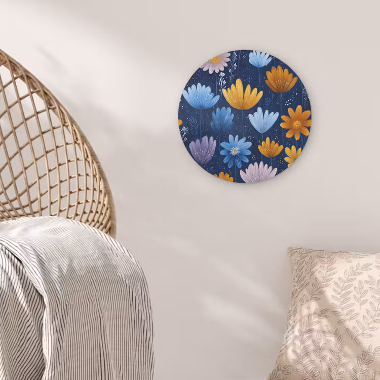 Bloemen - Patroon - Blauw - Contrast Akoestische PET Vilt - Rond klein -sfeer4