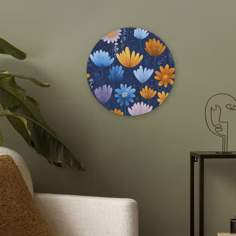 Bloemen - Patroon - Blauw - Contrast Akoestische PET Vilt - Rond klein -sfeer2
