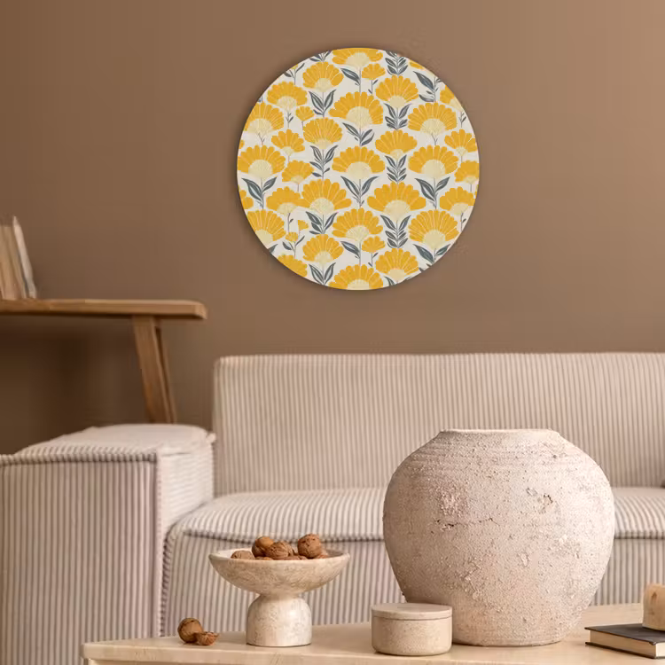 Bloemen - Retro - Botanisch - Okergeel - Grijs Akoestische PET Vilt - Rond klein 838 -sfeer1