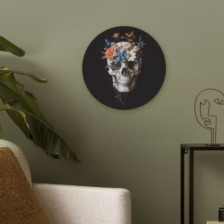 Bloemen - Schedel - Kleurrijk Akoestische PET Vilt - Rond klein -sfeer2