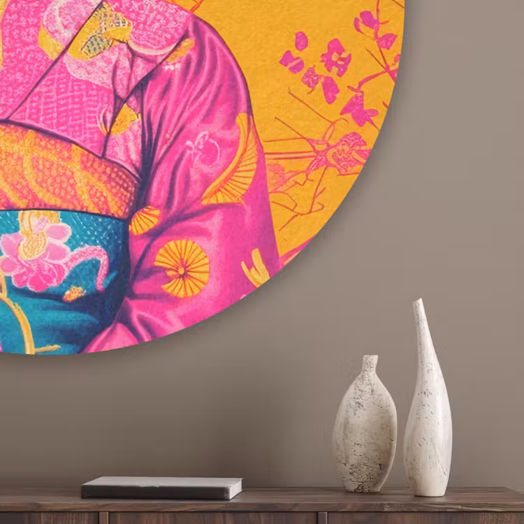Bloemen - Vrouw - Kimono - Roze Akoestische PET Vilt - Rond klein -sfeer5_closeup
