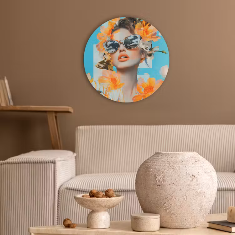 Bloemen - Vrouw - Zonnebril - Blauw Akoestische PET Vilt - Rond klein -sfeer1