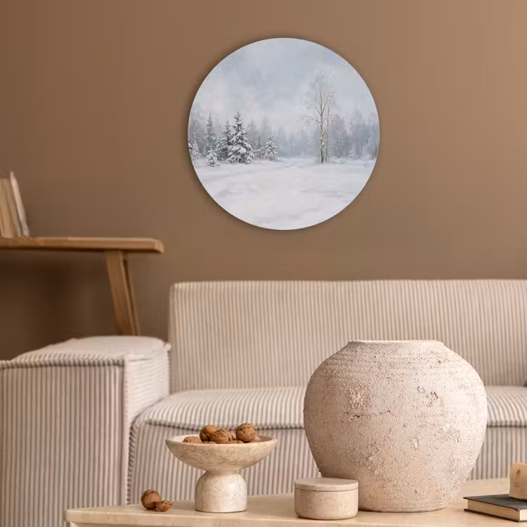 Bospad - Dennen - Sneeuw - Winter - Rustgevend Akoestische PET Vilt - Rond klein -sfeer1