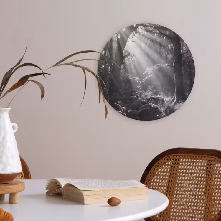 Bos - Lichtstralen - Natuur - Zwart-wit Akoestische PET Vilt - Rond klein -sfeer3