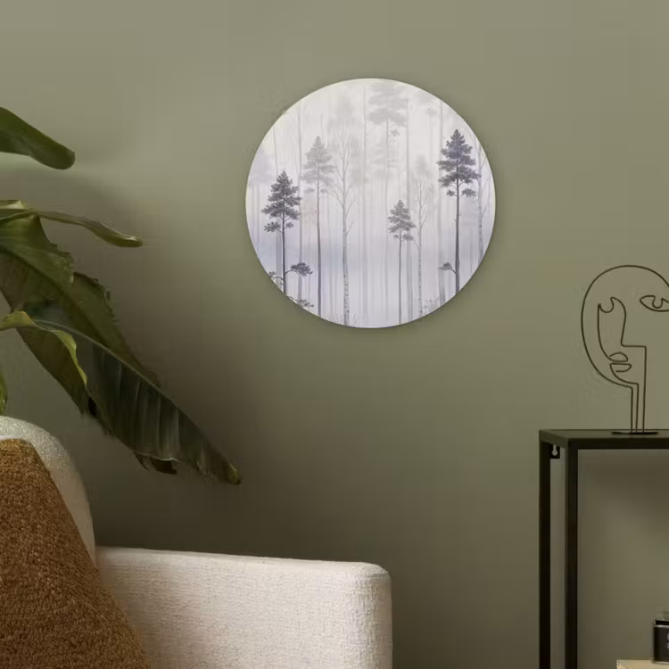 Bos - Bomen - Mist - Natuur - Illustratie - Grijs Akoestische PET Vilt - Rond klein -sfeer2