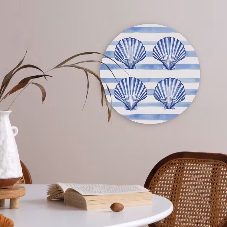 Vier schelpen - Blauw - Wit - Strepen Akoestische PET Vilt - Rond klein -sfeer3