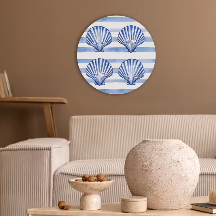Vier schelpen - Blauw - Wit - Strepen Akoestische PET Vilt - Rond klein -sfeer1