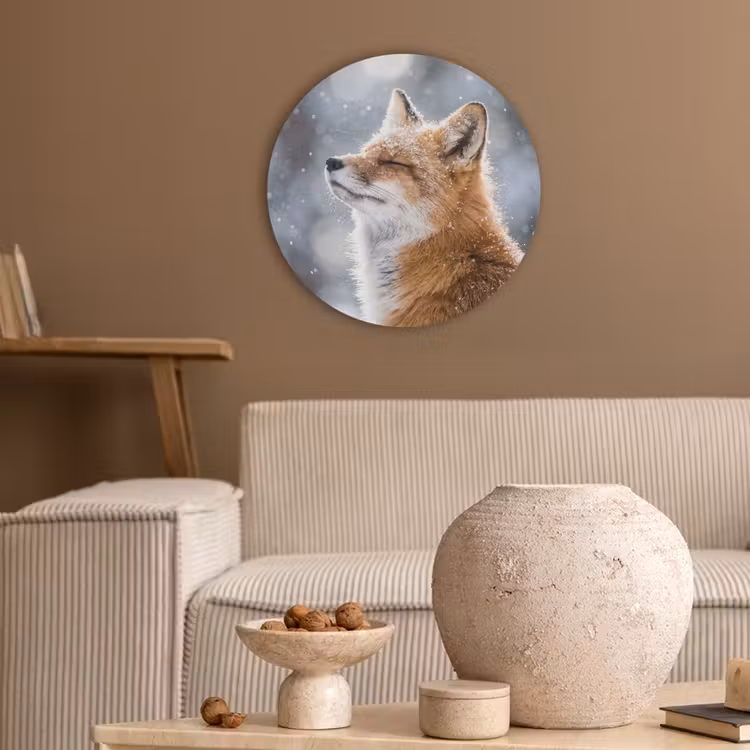 Vos - Sneeuwval - Portret - Winter - Sfeervol Akoestische PET Vilt - Rond klein -sfeer1