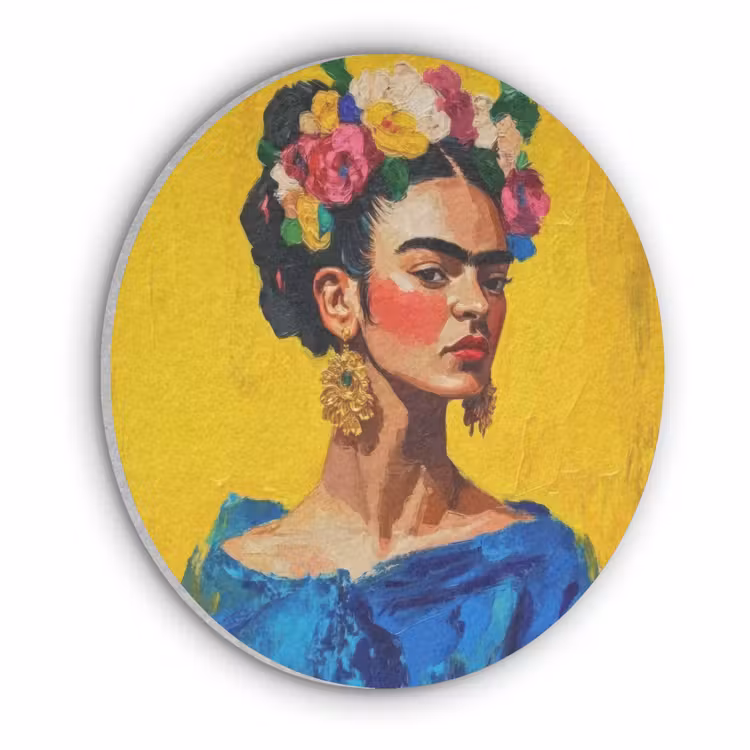 Frida Kahlo - Vrouw - Geel - Blauw - Bloemen Akoestische PET Vilt - Rond klein -3d
