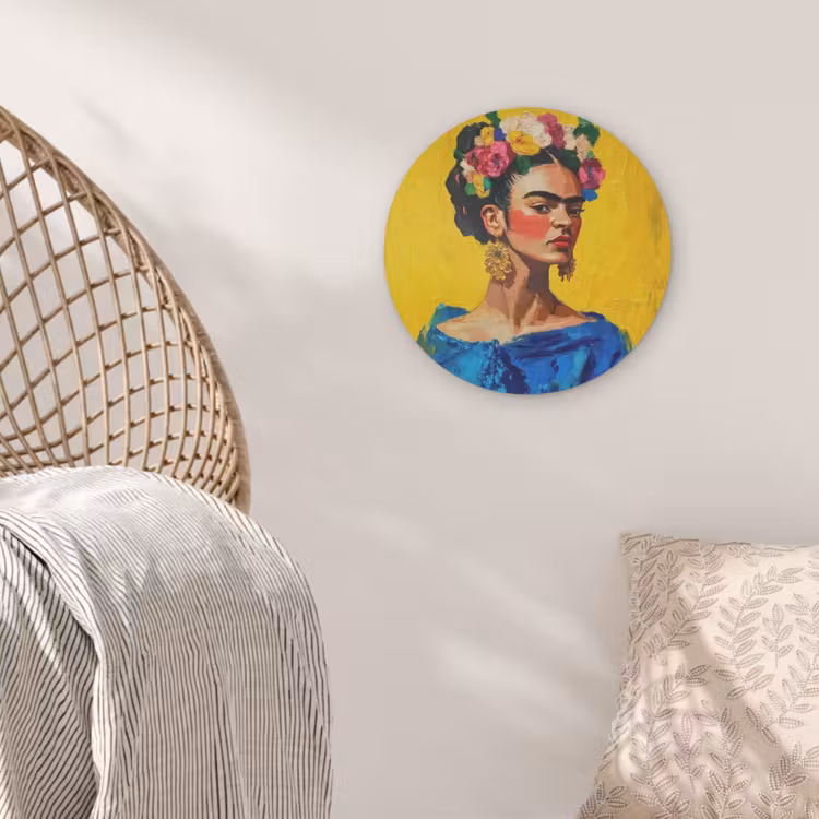 Frida Kahlo - Vrouw - Geel - Blauw - Bloemen Akoestische PET Vilt - Rond klein -sfeer4