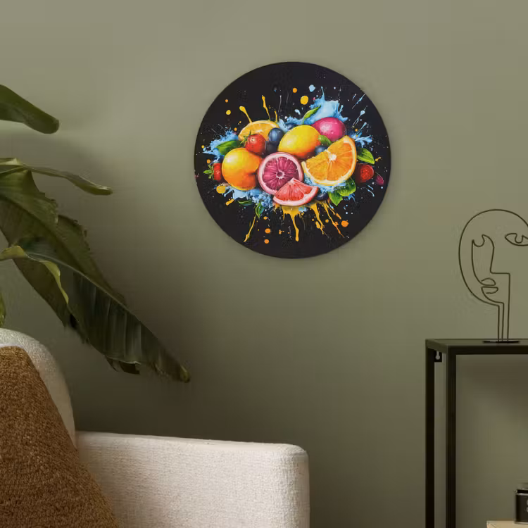 Fruit - Graffiti - Kleurrijk - Sinaasappel - Aardbei - Abstract Akoestische PET Vilt - Rond klein -sfeer2